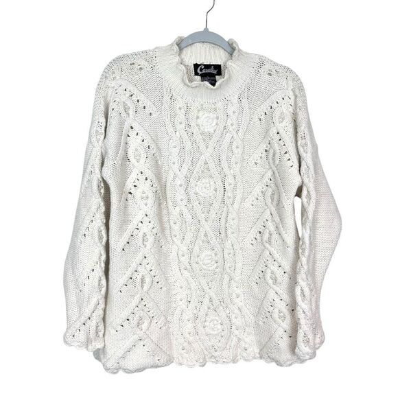Cavalini Vintage Pearl Sweater Women Large Cream Cable Knit Pullover Chunky Crew - Picture 1 of 16